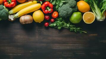 saudável e fresco alimentos dentro uma plano deitar arranjo com uma ampla cópia de espaço às a canto ai generativo foto