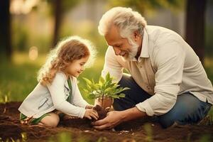 família plantio árvore dentro jardim foto