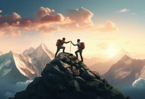 dois pessoas ajudando cada de outros em uma montanha topo foto