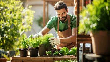 jovem homem jardinagem dentro casa jardim foto