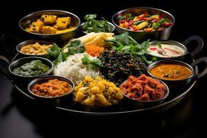 vários indiano pratos exibido em uma Preto fundo exibindo a vibrante sabores do Índia foto