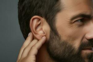 homem com barba com audição problema fechar-se. gerar ai foto