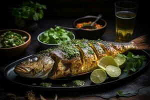 todo peixe com uma grelhado pele árabe Comida generativo ai foto