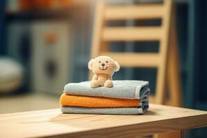 toalha em uma de madeira Banco às a lavanderia quarto foto
