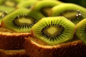 kiwis brinde, macro tiro do uma fresco café da manhã com gotejamento mel, ai gerado foto