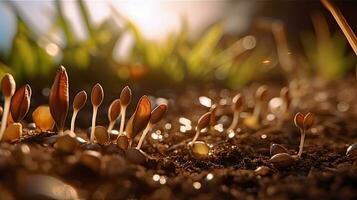 germinando sementes do vegetal em a terra debaixo neve dentro inverno, ai gerado foto