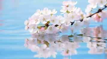 lindo flor florescendo ramo sobre a água com reflexão dentro uma lago, fechar-se com suave foco, generativo ai ilustração foto