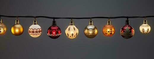 Natal temático lâmpadas e guirlandas com acolhedor feriado luzes. natal enfeite com brilhante brinquedos. gerado ai. foto