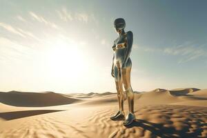 crome robô mulher em pé dentro a deserto. artificial inteligência subir e brilhante. mecânico beleza. gerado ai. foto