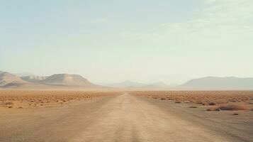 generativo ai, solitário estrada dentro a deserto, estética, silenciado neutro cores, cactos plantas foto