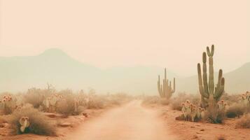 generativo ai, solitário estrada dentro a deserto, estética, silenciado neutro cores, cactos plantas foto