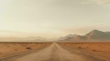 generativo ai, solitário estrada dentro a deserto, estética, silenciado neutro cores, cactos plantas foto