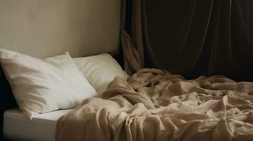 generativo ai, relaxante quarto detalhe do cama com natural linho texturizado roupa de cama, silenciado neutro estético cores foto