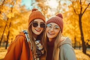 dois menina selfie dentro parque ai gerado foto