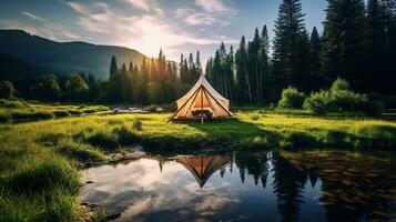 generativo ai, acampamento ao ar livre conceito perto a lago ou rio, turista acampamento em a lindo verde panorama com montanhas foto