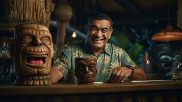 tiki beber coquetéis. tropical tiki coquetéis bar. amigáveis masculino barman foto