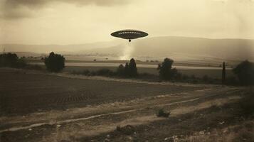 generativo ai, UFO sobre a italiano panorama vintage foto, alienígenas testemunhas retro Década de 1930 estilo fotografia foto