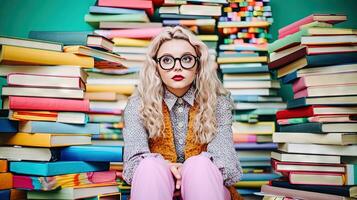 fofa menina com óculos sentado cercado de a livros. livros por aí a estudante dentro colorida cena. gerado ai. foto