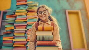 fofa menina com óculos sentado cercado de a livros. livros por aí a estudante dentro colorida cena. gerado ai. foto