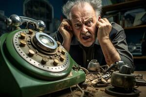 emaranhado no tempo provocação - do homem Hilário luta com uma vintage telefone ai generativo foto