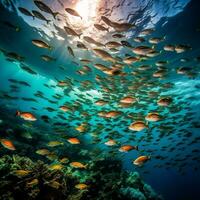 arafado imagem do uma escola do peixe natação dentro a oceano. generativo ai. foto