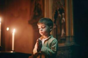 Garoto Rezar igreja. gerar ai foto