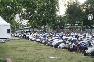 uma foto do muçulmano congregação Rezar eid al-adha dentro a campo