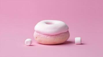 mordido Rosa gelo rosquinha com marshmallows em Rosa fundo, ai gerado foto