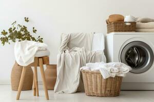 uma lavanderia cesta Próximo para lavando máquina dentro uma quarto foto