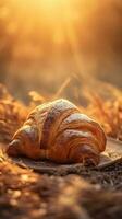 uma croissant com trigo orelhas dentro a fundo foto