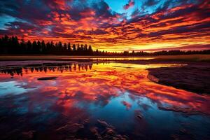 uma colorida pôr do sol sobre uma lago com pedras e uma lago dentro a primeiro plano foto