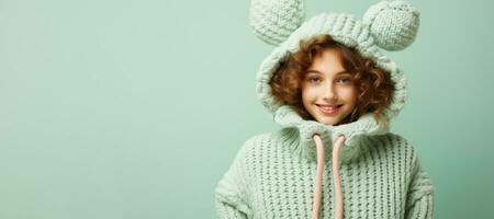 menina dentro cheio tricotado acolhedor traje isolado em pastel fundo com uma Lugar, colocar para texto foto