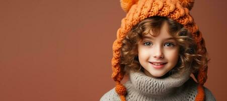menina dentro cheio tricotado acolhedor traje isolado em vívido fundo com uma Lugar, colocar para texto foto