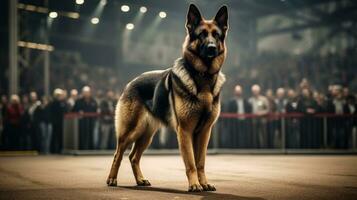 de raça pura de raça pura alemão pastor cachorro às exibição do de raça pura cães. estágio, holofotes, espectadores. cachorro mostrar. exibição. concorrência para a maioria de raça pura cachorro. ganhador, primeiro lugar. ai gerado foto