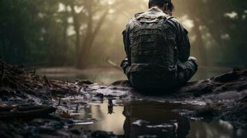 homem militares soldado dentro uniforme senta com dele costas dentro a floresta perto uma poça. chovendo. emoções do dor, tristeza, depressão, estresse, perda. TEPT. psicológico transtorno, problemas ai gerado foto