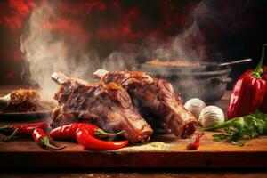 uma pilha do Cordeiro costelas carne com fumaça e Pimenta em a lado pronto para comer foto