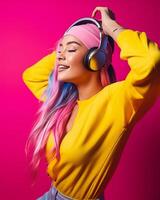 moda modelo ouvindo para música com fone de ouvido ai gerado foto