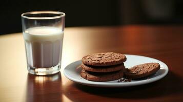 foto do uma vidro do leite com chocolate biscoitos em uma minimalista mesa