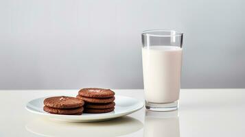 foto do uma vidro do leite com chocolate biscoitos em uma minimalista mesa