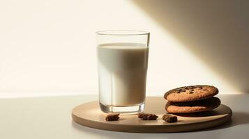 foto do uma vidro do leite com chocolate biscoitos em uma minimalista mesa