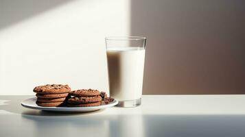 foto do uma vidro do leite com chocolate biscoitos em uma minimalista mesa