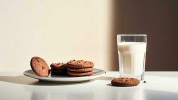 foto do uma vidro do leite com chocolate biscoitos em uma minimalista mesa