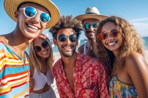 uma grupo do gen z selfie em a de praia ai gerado foto