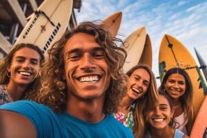 surfistas levando selfies em a de praia ai gerado foto