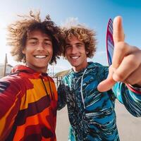 surfistas levando selfies em a de praia ai gerado foto