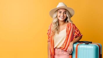 gen z vestido dentro verão com uma mala de viagem ai gerado foto