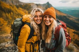 dois feliz mulheres caminhada, ai gerado foto