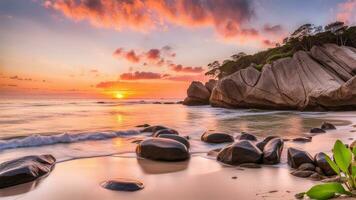 panorama conceito fundo do lindo pedras em a de praia às pôr do sol criada com ai generativo foto