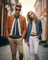 jovem casal dentro à moda roupas ai gerado foto