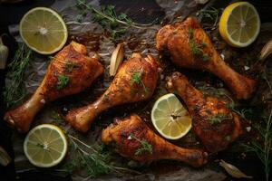 temperado frango baquetas com ervas receita intrincadamente detalhado, ai gerado foto